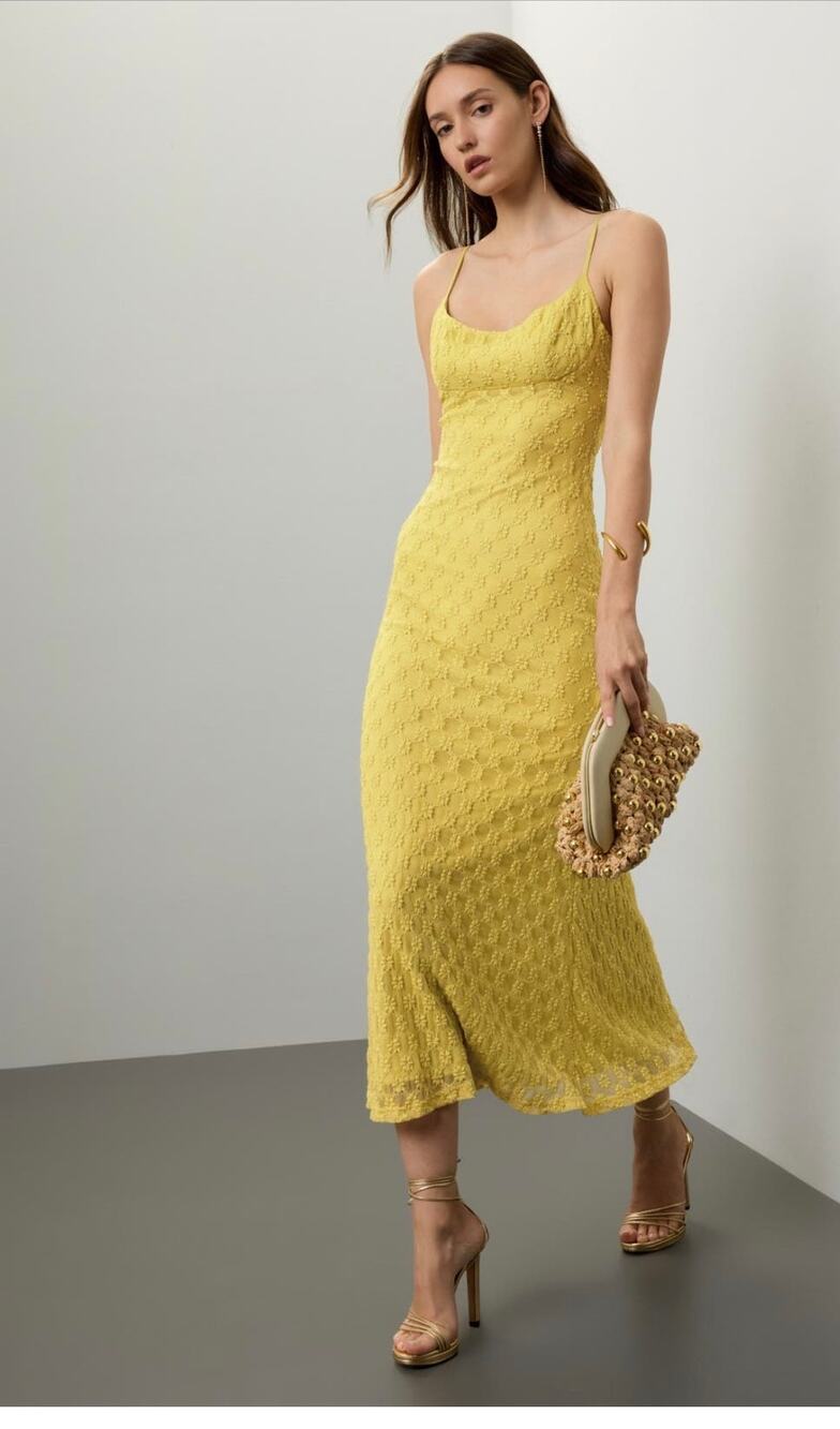 Bardot Adoni Midi Dress Size M Canary butter Yellow Floral Mesh Spaghetti Strap